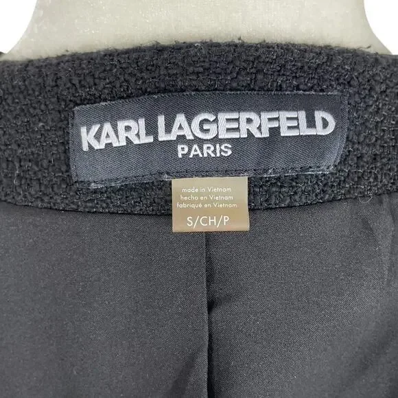Karl Lagerfeld Paris Tweed Cropped Blazer Jacket Fringe Black Size Small Chic - Picture 14 of 15